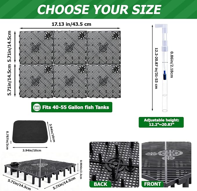 Sieral Under Gravel Aquarium Filter for 10 Gallon Tanks, 6 Pcs 5.7'' x 5.7'' Plates, Under Gravel System for Clean Water, with 2 Uplift Tube and 1 Filter Cotton, for Fish Tank Fresh and Saltwater