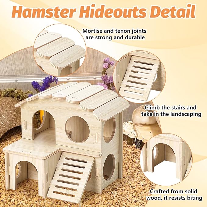 BNOSDM Hamster Tunnel Hideout Set, Wooden Hamster House Toy with Slide & Seesaw, Small Animals Cage Accessories for Syrian Dwarf Hamsters, Gerbils