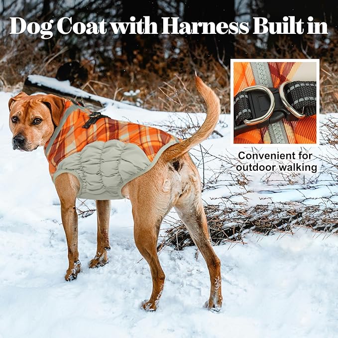Lelepet Warm Dog Winter Coat Dog Coats for Small Dogs Waterproof Dogs Jacket with Harness Built in Reflective Cold Weather Coats Windproof Zip-Up Winter Fleece Vest Snowsuit Chihuahua Orange Plaid