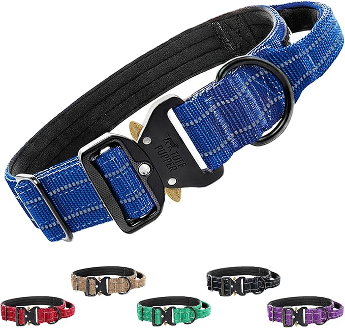 Tuff Pupper Tactical Dog Collar | Heavy Duty 1.5" Wide Ballistic Nylon | Training Control Handle | Quick-Release Metal Buckle | Reflective Bands | ID Tag Holder | Padded Inner Lining (Blue, Large)