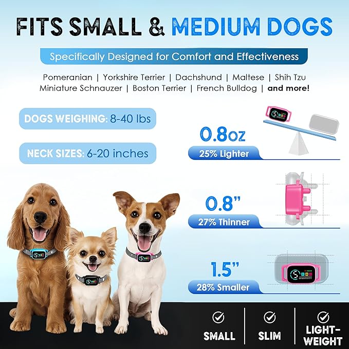Bark Collar for Small Dogs 8-40 Ibs - No Shock Anti Barking Collar with Al Chip - 3 Modes & 5 Sensitivity Levels - Waterproof, Rechargeable, Magnetic Charging - Humane, Effective Training (Pink)