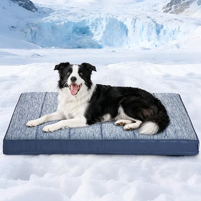 Cooling Dog Bed for Large Dogs - Orthopedic Pet Beds with Memory Foam, QMAX>0.5, Waterproof Removable Washable Cover for Hot Weather, Wander Blue, 35" L x 23" W x 3" H