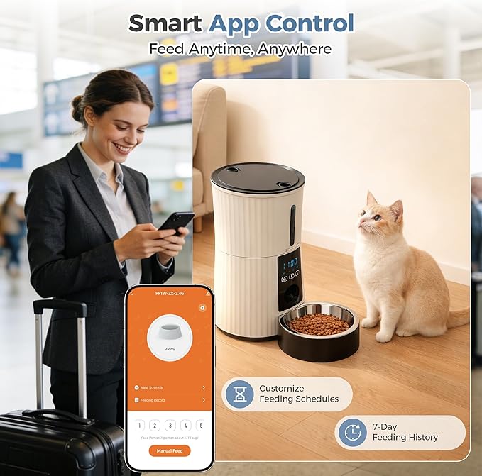 DUMOS Automatic Cat Feeder, 4L WiFi Timed Cat Food Dispenser with APP Control, 10s Voice Recorder, Dual Power Supply, Indoor Programmable Pet Feeder with Desiccant for Small Cats and Dogs, White