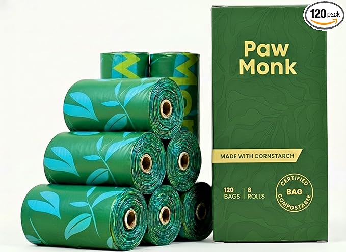 Paw Monk Certified Home Compostable Dog Poop Bags Rolls Refill-120 Bags, Extra Thick 20 Micron, Leakproof & Easy Open doggy poop bags, Unscented