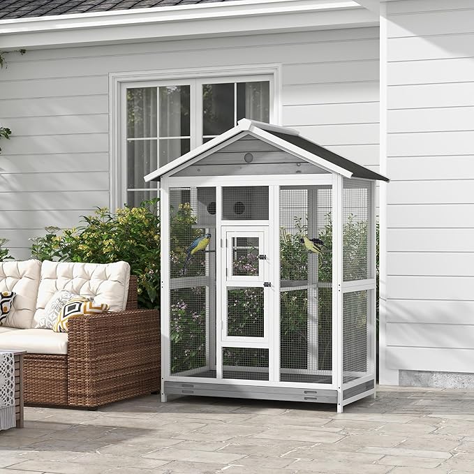 PawHut 64.5" Wooden Bird Cage Aviary, Flight Cage with 4 Perches, Nest and Slide-Out Tray for Indoor/Outdoor, Gray