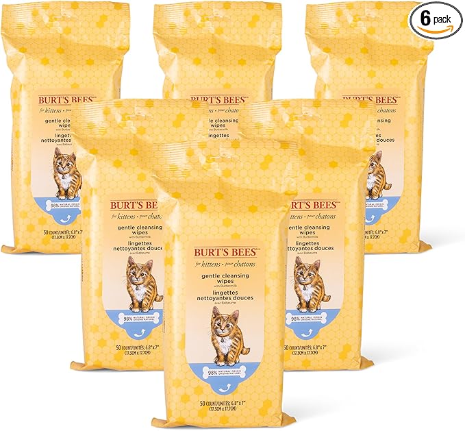 Burt's Bees for Pets Kitten Grooming Wipes with Buttermilk and Honey, Waterless Cat Bath Wipes for Face, Paws, Tail and Coat Cleaning, Gentle Bath Alternative for Indoor Felines, 50 Count - 6 Pack