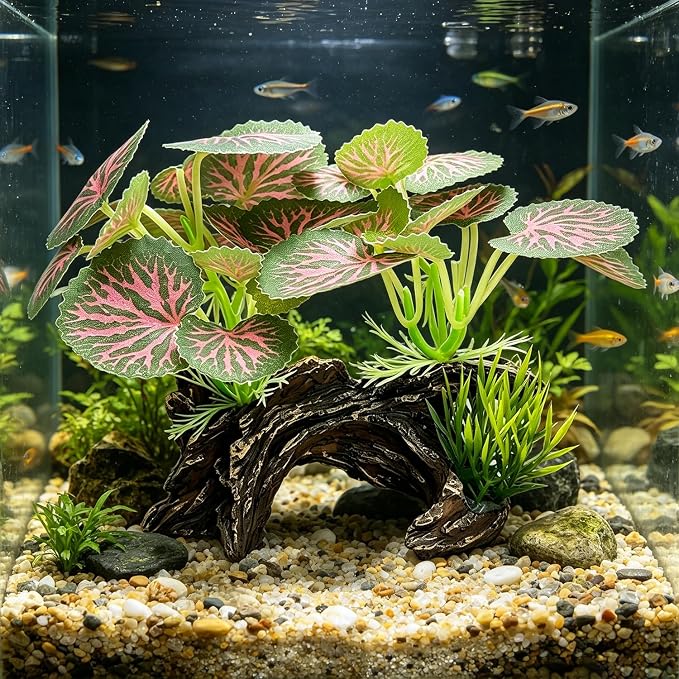 Silk Aquarium Plants with Artificial Driftwood | Soft silk plants with resin driftwood, safe for fish, lifelike, durable, fits small & large tanks, maintenance-free.