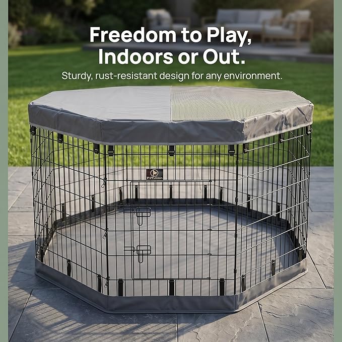PJYuCien Dog Playpen with Top Cover and Bottom Pad - Metal Foldable Exercise Pen, 8 Panels 42" H x 24" W Indoor Outdoor Pet Fence Puppy Crate Kennel, Gray
