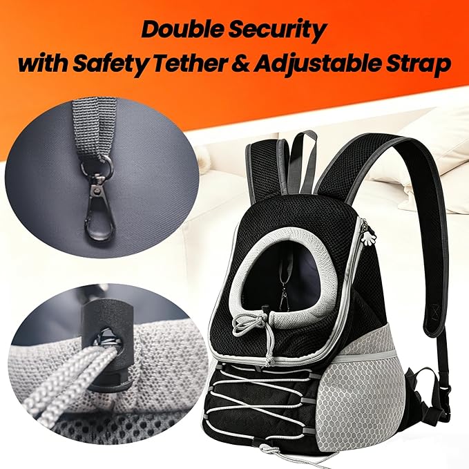 Dog Carrier Backpack for Small Dogs 2-15 lbs, Breathable Front Chest & Back Pet Carrier, Puppy Backpack with Safety Tether for Hiking Walking, Shoulder Bag for Dog, Black Grey (M)