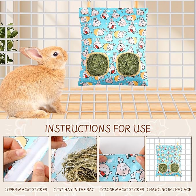 UPINS 3 Hay Bag for Rabbits 2-Hole Hanging Hay Feeder Guinea Pig Hay Bags, Hay Feeder for Rabbits Chinchillas Hamsters Small Pets and Animals(Light Color)