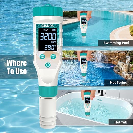 Chlorine Tester & Pool Salt Tester, Digital Pool Water Tester, Pool pH Tester 7 in 1 FAC Digital Salinity Tester for Saltwater Aquarium Sodium Chloride Swimming Pools Hot Tubs Spas