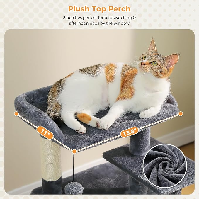 PETEPELA Cat Tree for Indoor Cats, 34.6" Small Cat Tower with Scratching Posts, 2 Condos, Scratching Ramp & Dangling Toys, Cat Play House for Multi-Cat Households, Dark Grey