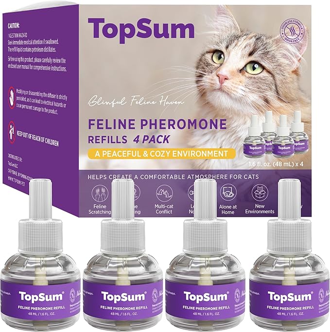 TopSum Cat Calming Pheromone Diffuser: Feline Pheromones Plug in for Stress, Along At Home, Spraying, Fighting, Scratching, Aggression & Excessive Meowing (Purple– 4 Refills Original)