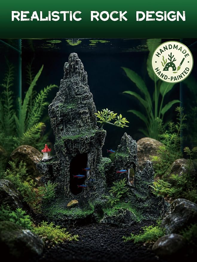 Aquarium Decor - Tall and Large Mountain Rock Ornament with Red Tower for Fish Tank,Aquarium Hideout with Rock Texture for Betta,Guppy,Shrimp-Safe Aquatic Decoration, Fish Hiding House