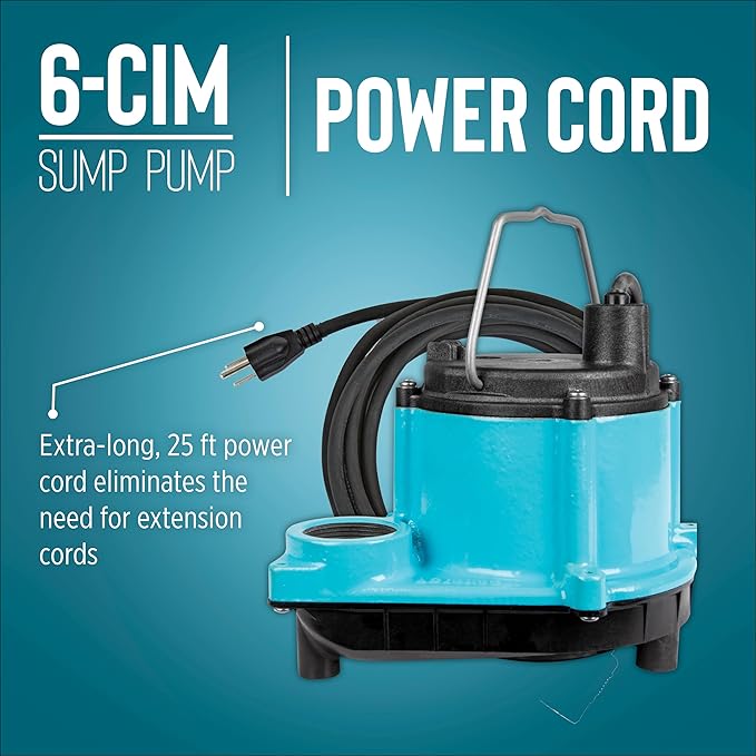 Little Giant 6-CIM-R 115-Volt, 1/3 HP, 2750 GPH Manual (No Switch) Submersible Sump Pump for Sump Systems and General Dewatering, 25-Ft. Cord, Blue, 506274