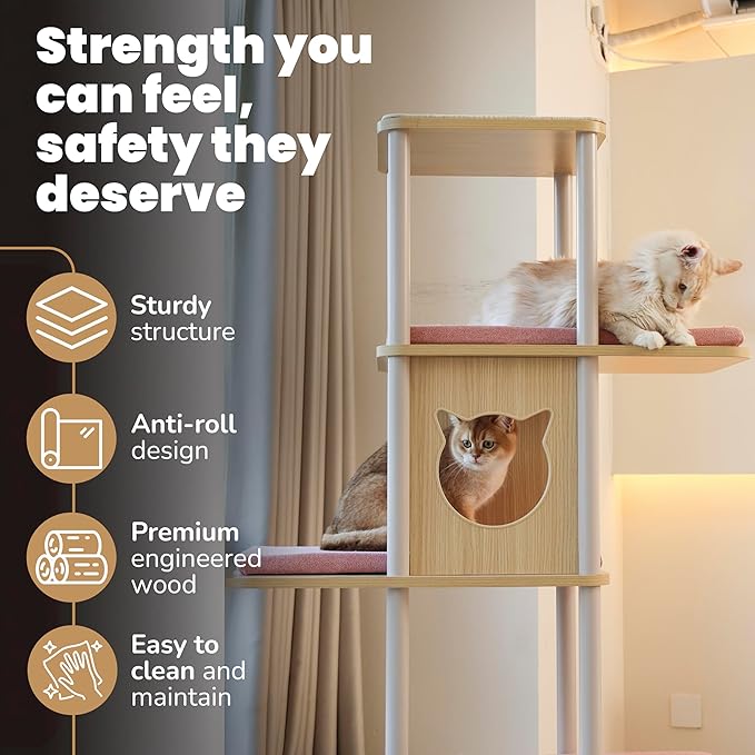 Modern Large Cat Tree, 62" Tall with XL 25.6" Platforms, 60 lbs Heavy Build — Redefining Cat Furniture with Stability, Space & Style for Big Cats (Pink)