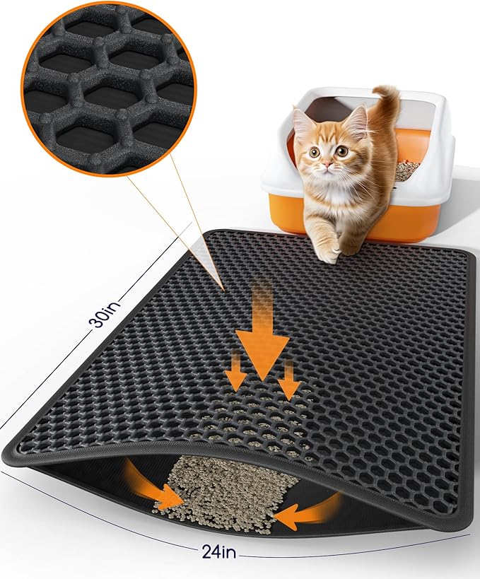 Powools Cat Litter Mat - 30" x 24" Large Litter Box Mat with Double Layers, Urine-Proof and Non-Slip Litter Trapping Mat, Easy to Clean Kitty Litter Mats for Floor, Scatter Control, Black