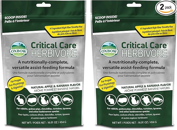 Oxbow Critical Care Herbivore Assist Feeding Formula for Rabbits & Guinea Pigs, High Fiber Timothy Hay Recovery Food, Natural Apple Banana Flavor, Vet Recommended Emergency Nutrition, 454g 2 Pack