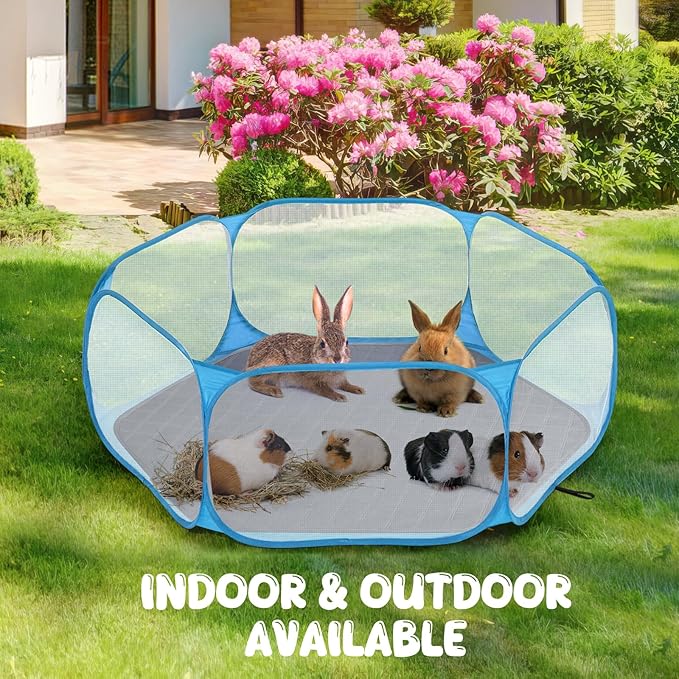 Pawaboo Small Animals Playpen with Pad, Waterproof Small Pet Cage Tent with Reusable Pad, Portable Outdoor Yard Fence for Chick/Kitten/Puppy/Guinea Pig/Rabbits/Chinchillas, Blue+Gray