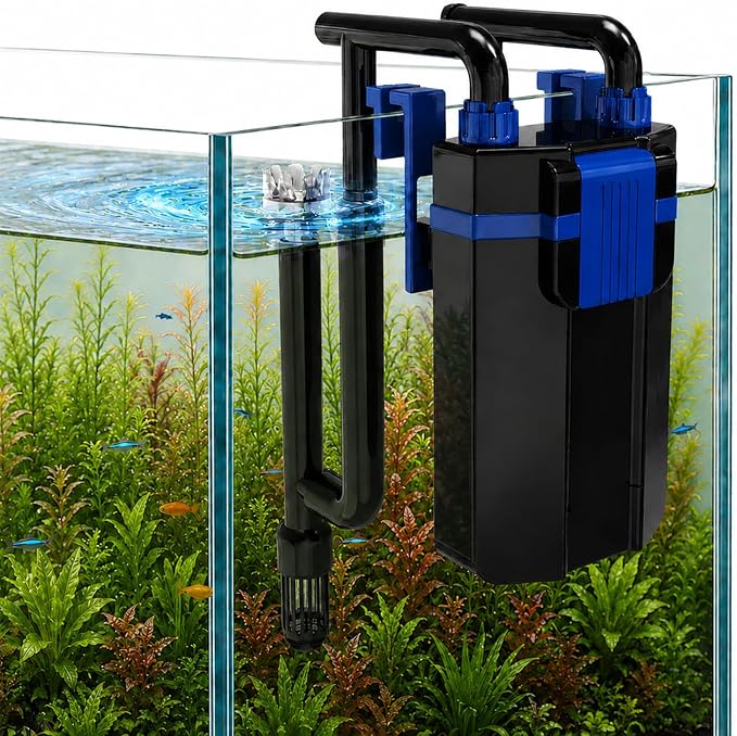 Three seconds Quiet Hang on Back Aquarium Filter for 10-35 Gallon | 7W Fish Tank Filter, Oil Skimmer,4-Stage Filtration,Adjustable Flow,Duckbill/Bell-Mouth/Rain Pipe Outlet,105GPH