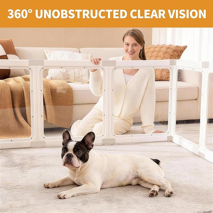 Acrylic Dog Playpen Indoor for Small Dogs & Puppies, Clear Transparent Pet Playpen with Modern No-Bar Design, 23.6" Easy Assemble Puppy Play Pen, Escape-Proof & Sturdy (8 Panels, White)
