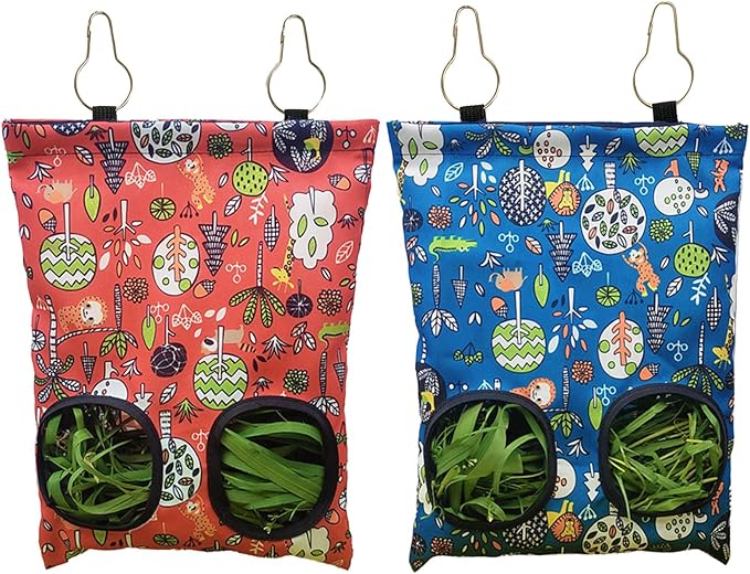 Rabbit Hay Feeder Bag, Guinea Pig Hay Feeder for Cage Small Animal Hanging Feeding Bags Rabbit Hay Dispenser Storage for Rabbits Guinea Pigs Bunnies Chinchillas (Red,Dark Blue, 2 Hole)