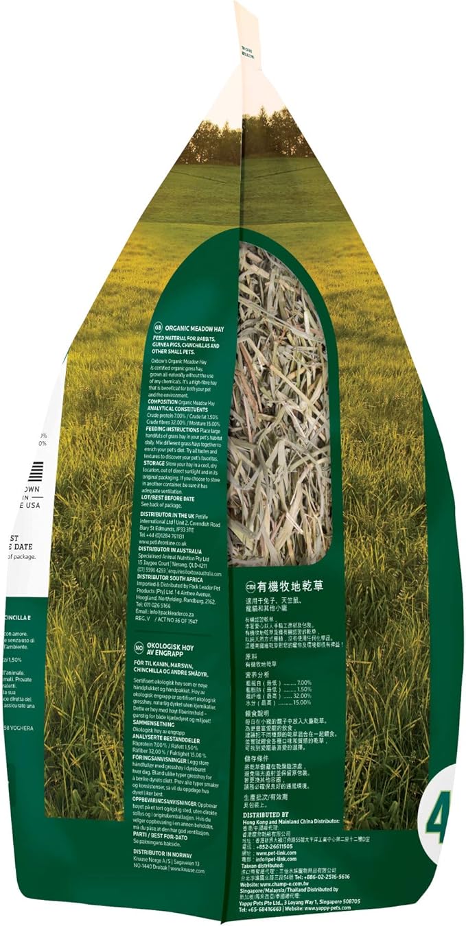 Oxbow Organic Meadow Hay, Guinea Pig & Rabbit Hay, Small Pet Bunny Supplies, All Natural Grass for Guinea Pig, Bunny, Chinchilla & Hamster, Rabbit Supplies for Bunnies, 40 oz Bag