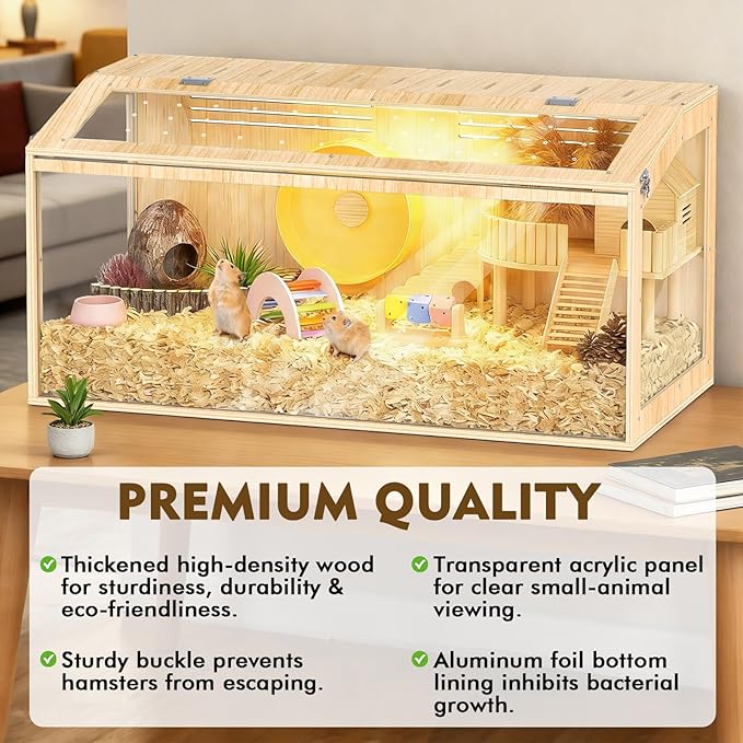 XiaZ Large Hamster Cage,40 Inch Wooden Hamster Cage with Panoramic View and Ventilated Top, Spacious Acrylic Glass Habitat for Syrian Dwarf Hamsters and Degus, Natural Wood Frame Enclosure