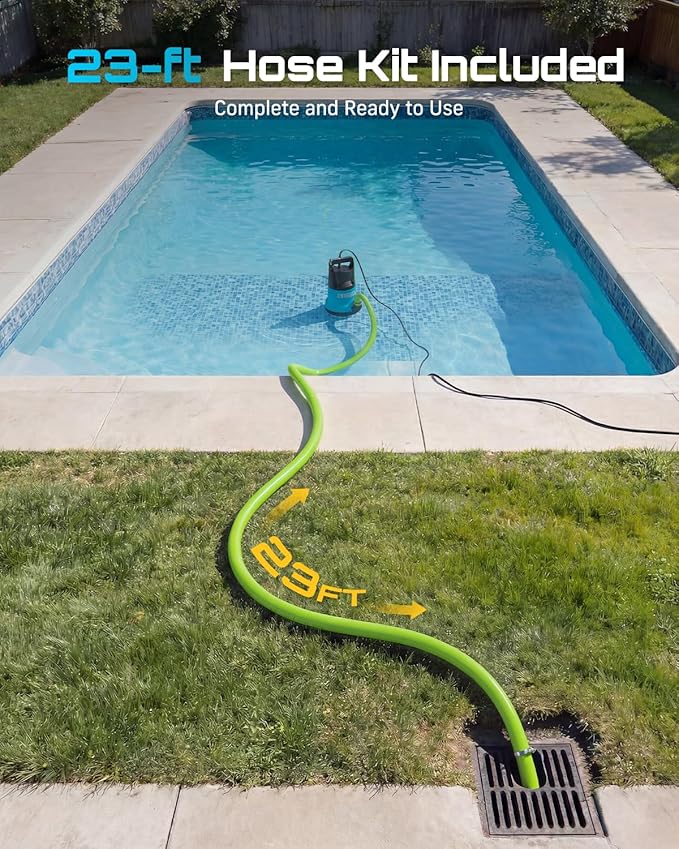 SEESII 1HP Submersible Water Pump, 4755GPH High Flow Sump Pump with 23ft Hose Kit, Anti-Clogging Filter Net for Swimming Pool Hot Tub Pond Basement Rooftop Garden Water Removal