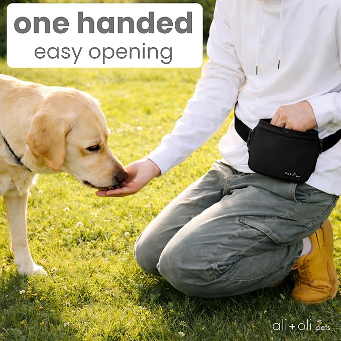 Ali+Oli Pets Dog Treat Pouch, Silicone Dog Training Treat Bag with Magnetic Closure, One-Hand Open, Adjustable Waist Belt XS–XXL, 2 Cup Capacity, Water Resistant Dog Treat Bag for Walking & Training