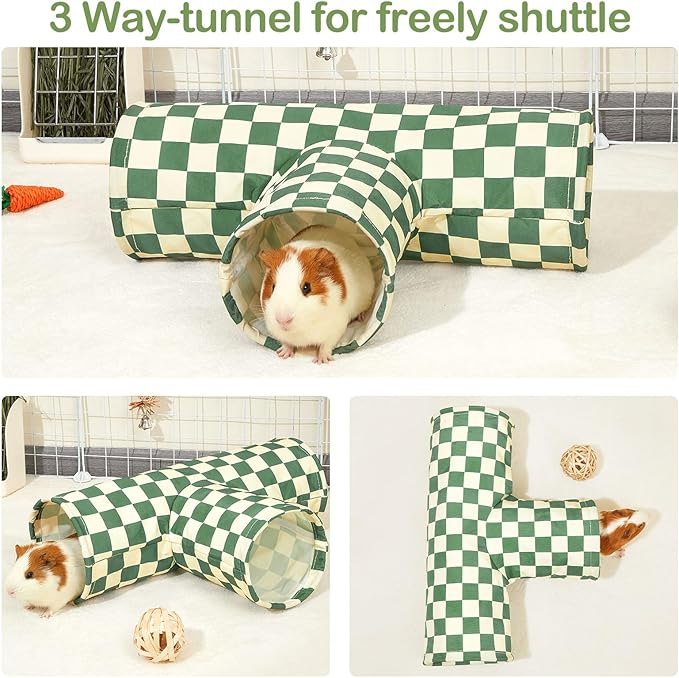 Bienbee Guinea Pig Tunnel, 3 Way Washable Guinea Pig Hideout,Foldable Rabbit Tunnel Guinea Pigs Toys for Bunny Hamster Chinchilla Ferret Rabbit Guinea Pigs Accessories Green Checkerboard