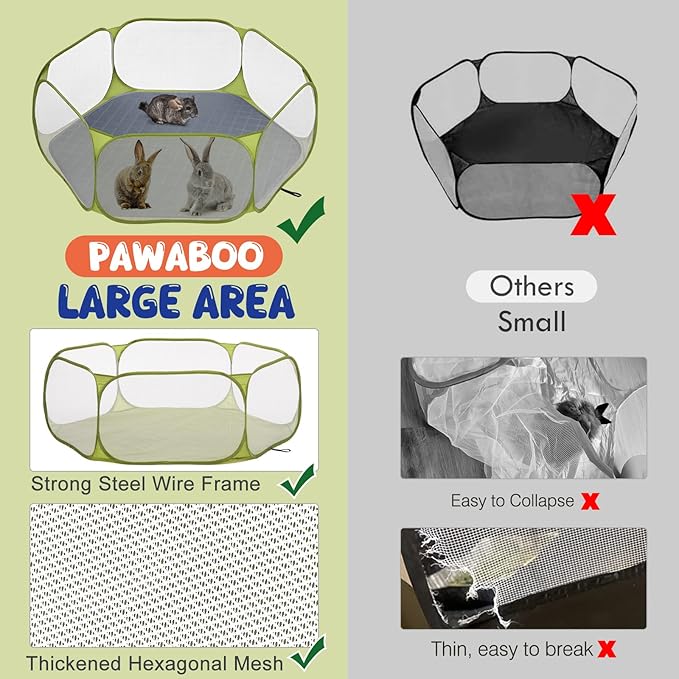 Pawaboo Small Animals Playpen with Pad, Waterproof Small Pet Cage Tent with Reusable Pad, Portable Outdoor Yard Fence for Chick/Kitten/Puppy/Guinea Pig/Rabbits/Chinchillas, Green + Grey