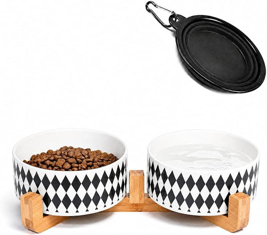 Petygooing Ceramic Dog Cat Bowl Set with Stand,Pet Food and Water Bowl,Small Dog Bowls Anti -Slip Set of 2 Cat Dishes Food Bowls Dish Small Size Pet (13.5OZ/5.1 in) Black Rhombus
