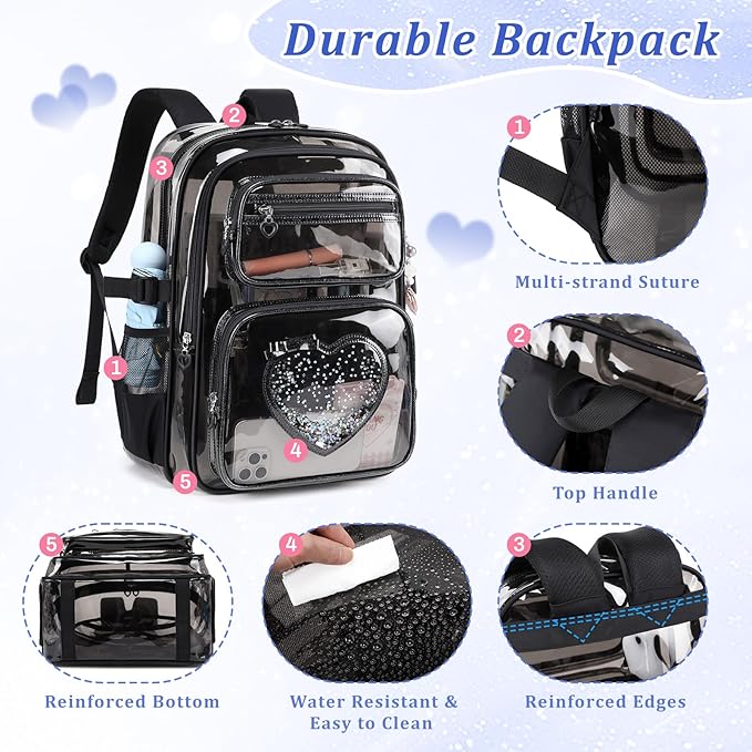 Clear Backpack for School Girls, Cute Heavy Duty PVC Transparent Bookbag, See-Through Bag for Stadium Event Semi-Black