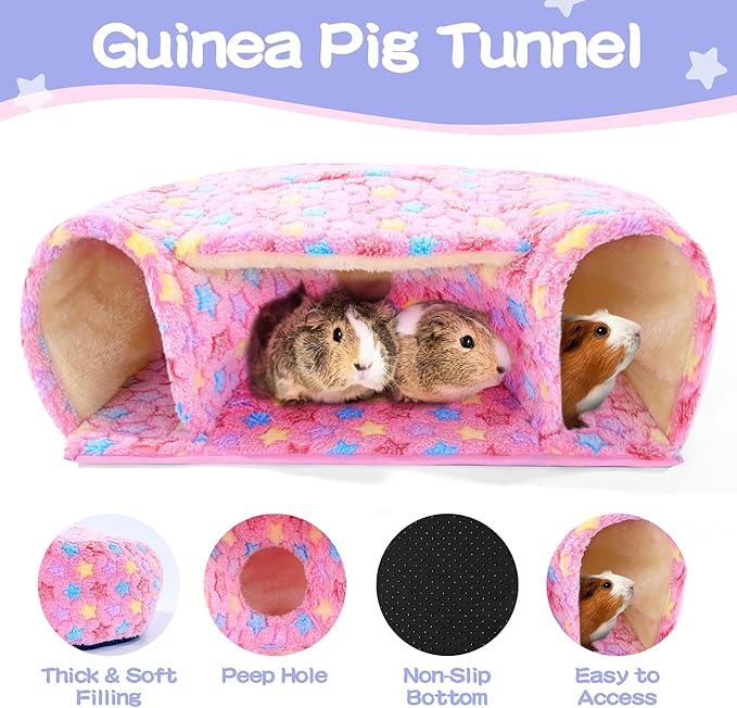 MABOZOO 3 Pack Guinea Pig House Accessories, 2 Cozy Guinea Pig Bed and Hideout Tunnel, Chinchillas Hideout for Hamster, Rabbit, Bunny, Chinchillas (Pink, L)