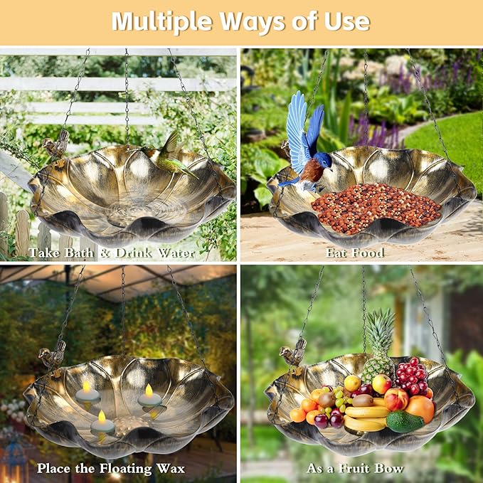 MUMTOP Hanging Bird Baths for Outdoors - Metal Bird Bath, 11.6 Inch Flower Shape Birdbath Bird Feeder Bowl for Outside, Garden, Lawn Yard Decor(Silver)