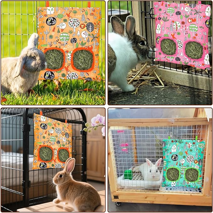 UPINS 3 Hay Bag for Rabbits 2-Hole Hanging Hay Feeder Guinea Pig Hay Bags, Hay Feeder for Chinchillas Rabbits Hamsters Small Pets and Animals(Forest Color System)