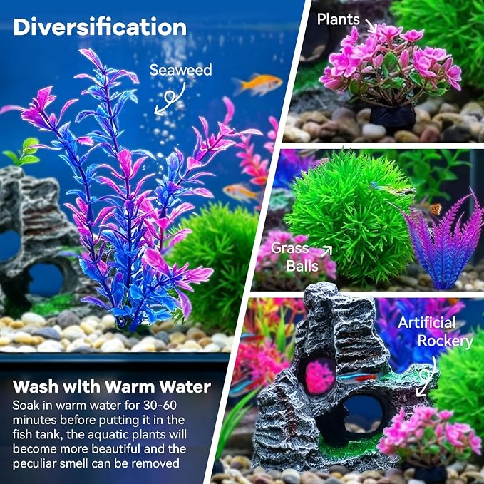 8Pcs Aquarium Decor Set, Artificial Plastic Plants and Rock Cave for Fish Tank Decorations, Goldfish Betta Fish Tank Accessories Supplies Realistic Small Large Fish Bowl Ornaments