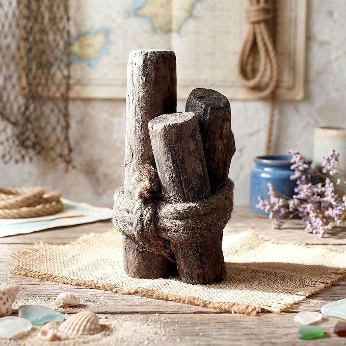 Threehoney 3 Pcs Driftwood Piling Rope Wrapped Coastal Nautical,Black | Artificial Wood Pilings as Beach Centerpieces, Farmhouse Rustic Table Decor, Coastal Accents for Dining and Aquariums