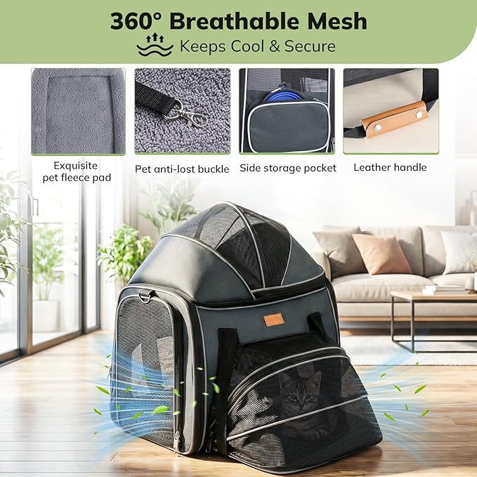 Morpilot Top and Side Expandable Cat Carrier, Collapsible Soft-Sided Pet Carrier for Medium/Large Cats and Puppies up to 20lbs for Car Rides and Vet Visits, with Dual-Sided Cushion& Bowl (Dark Gray)