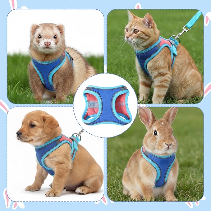 Adjustable Bunny Harness and Leash Set, Double Buckles Breathable Mesh Rabbit Vest with Reflective Strips, Escape Proof Small Pet Walking Training Gear for Rabbits, Kittens, Ferrets, Guinea Pigs (S)