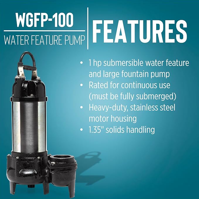 Little Giant WGFP-100, 115V, 1 HP, 6400 GPH Water Feature Pump, 19' cord | Stainless steel and cast iron body for powering water features, large fountains and pond filtration systems, 566070