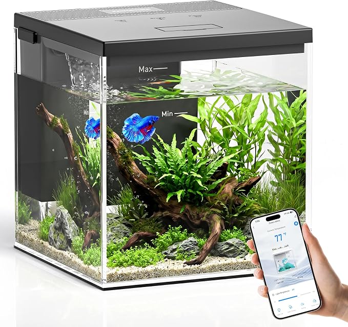 Smart Fish Tank, 2.4 Gal Glass Betta Aquarium Starter Kits for Home/Office | App Controlled, Wireless Quiet Pump, 5-Stage Filtration, Programmable Flow, Lighting Timers, 11 Colors, Temperature Monitor