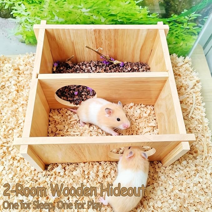 Wooden Hamster Hideout House,Gerbil Hide Hut with Climbing Ladder Platform,Dwarf Syrian Hamster Hideaway Cave Cage Accessories Habitats Decor for Rat Mice Mouse and Other Small Pets