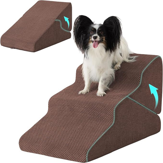 Dog Stairs for Small Dogs 16’’ H, 3-Step Dog Steps for Bed, Foldable Pet Stairs and Ramp for Dogs and Cats to Get on Beds, Couch, Non-Slip Balanced Pet Steps with Waterproof Cover, Brown