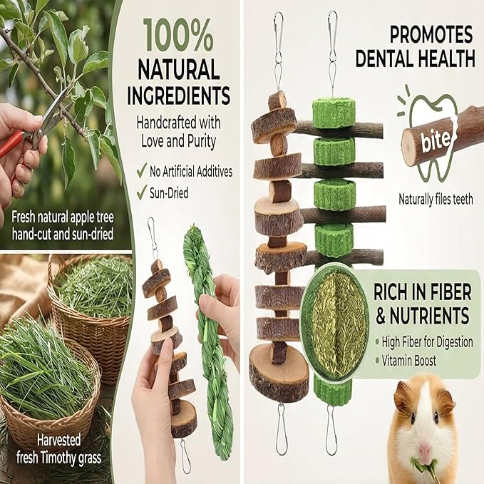 5pcs Rabbit Toys,Bunny Chew Treat for Teeth Grinding,Hanging Timothy Hay Ball +Apple Stick Wood +Alfalfa Grass Cake Food Snack for Cage Guinea Pig Chinchilla Hamster Squirrel Gerbil Rat Parrot