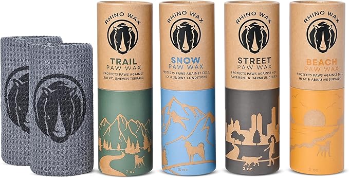 Rhino Wax - All-Terrain Dog Paw Waxes - 4 Protective Balms (Trail + Street + Beach + Snow) - Each Wax for Dogs is Specifically Formulated for Outdoor Environments - Natural Lick-Safe Ingredients - USA