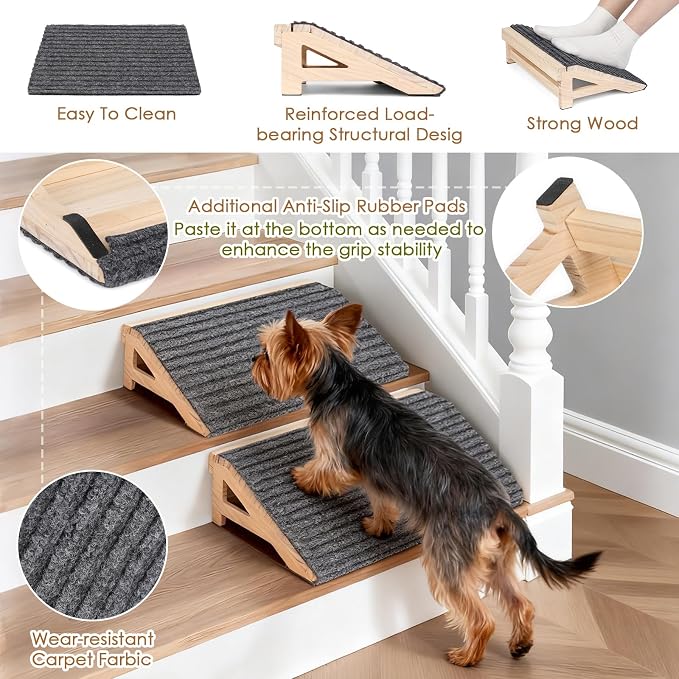 Wood Dog Ramp Stairs for Outdoor, Low Angle Dog Ramp for Stairs | 4.2"H, 2 Pack, ups to 170lbs, Premium Solid Wood, Anti-Slip Carpet Surface, Dog Stairs for Small Dogs, Footrest & Stretcher
