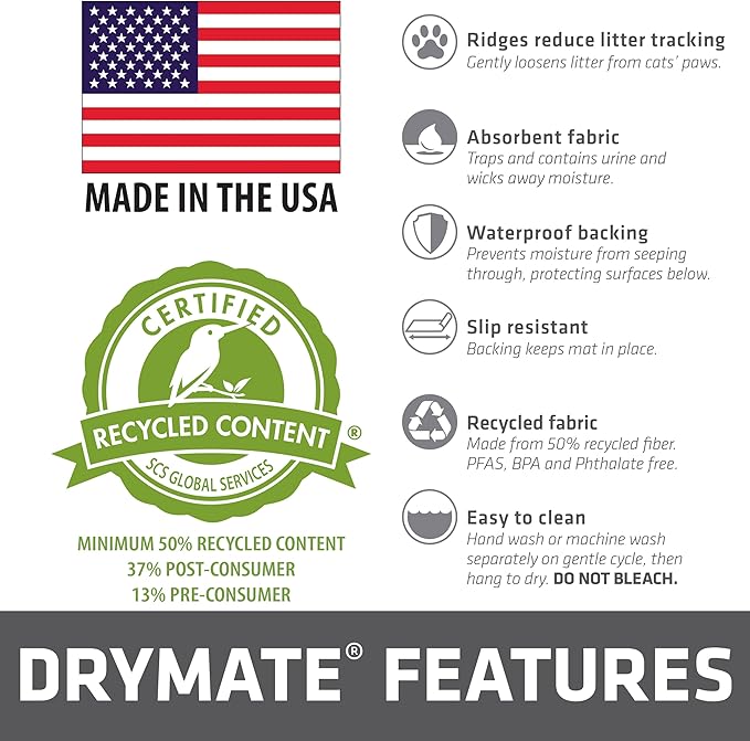 Drymate Cat Litter Box Mat, Litter Trapping Mat, Waterproof, Urine-Proof, Absorbent, Machine Washable, Soft on Paws, Contains Mess, Protects Floors, Kitten Supplies, Tan, 28x34 XL