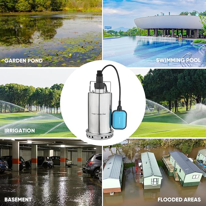 Sump Pump, 3/4 HP 3180GPH Submersible Utility Water Pump, Stainless Steel Portable Electric Water Removal Transfer Pump with 16.4FT Cord for Swimming Pool Basement Garden Pond Tubs Draining